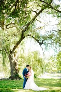 A bride and groom under a willow tree in Grand Rapids.