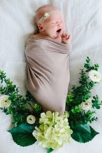 A newborn lifestyle session in a photography studio in Grand Rapids with a dog.