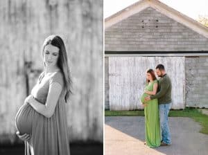 A country lifestyle maternity session right at Jen and Sean's home in Caledonia Michigan. Jen wore a beautiful green dress and their dogs even made an appearance.