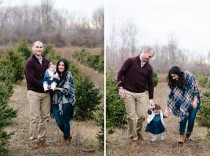 A family photo session with a family of three at a Christmas Tree Farm in Alto Michigan at Postema Christmas Tree Farm.