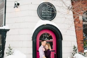 This Grand Rapids Engagement session in the midst of Michigan's winter started off at Brown Butter Creperie and ended at Provin trails with the perfect winter backdrop.