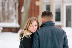 This Grand Rapids Engagement session in the midst of Michigan's winter started off at Brown Butter Creperie and ended at Provin trails with the perfect winter backdrop.