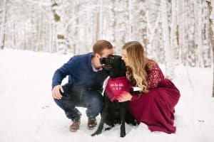 A winter engagement session with a dog in Grand Rapids, MI photographed by Mae Photo Co at Provin Trails, Aquinas college, and wealthy street bakery.