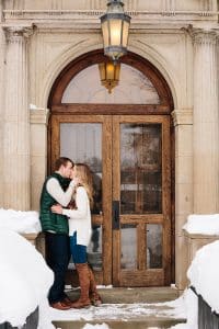 A winter engagement session in Grand Rapids, MI photographed by Mae Photo Co at Provin Trails, Aquinas college, and wealthy street bakery.