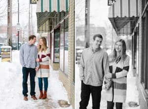 A winter engagement session in Grand Rapids, MI photographed by Mae Photo Co at Provin Trails, Aquinas college, and wealthy street bakery.