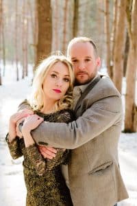 A winter woods engagement session at Provin Trails in Grand Rapids, Michigan. Photographed by Mae Photo Co.