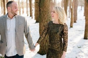 A winter woods engagement session at Provin Trails in Grand Rapids, Michigan. Photographed by Mae Photo Co.