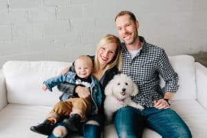 A family session with a dog and a baby photographed in Grand Rapids, Michigan.