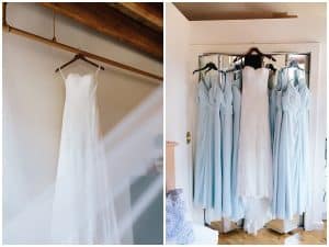 Paired image of a white wedding dress and a white wedding dress with two light blue bridesmaid dresses