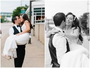 A dual image of the groom picking up his bride and holding her and kissing her while she smiles.