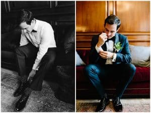 A double image of a groom getting ready before his wedding in Detroit.