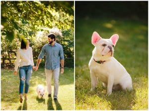 A paired image of a couple walking in the park with their dog for a lifestyle photo shoot in the early spring.