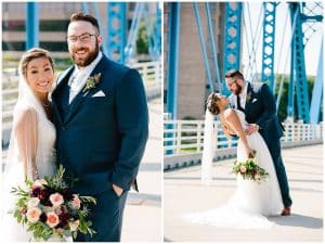 A dual image of a bride and groom taking wedding photos under the Blue Bride in Grand Rapids Michigan.