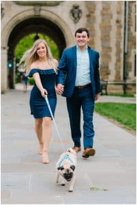 Engagement photos featuring the couples pet pug with images around the U of M campus