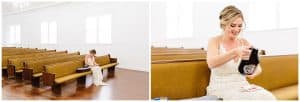 A dual image of a bride sitting in a white chapel and opening gifts from her soon to be husband.