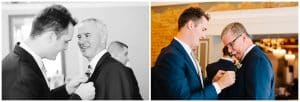 A dual image of a groom getting ready with family members and his groomsmen.