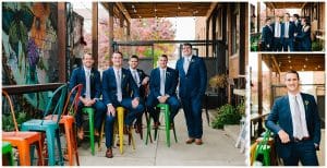 A display of pictures featuring a groom and his groomsmen sitting on colorful benches.