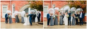 A dual image of a bride and groom with their wedding party standing in front of a brick building.