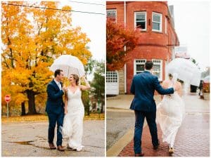 A dual image of a bride and groom standing underneath an umbrella in he rain after their wedding ceremony.