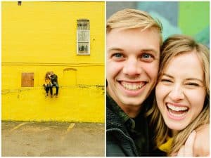 A dual image of an engaged couple in Grand Rapids Michigan featuring some bright colored walls.