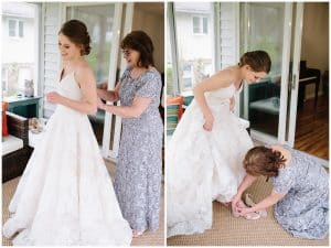 A dual image of a bride getting her dress and shoes on before walking down the aisle.