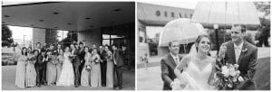 A dual image of a bridal party posing in the rain before the ceremony.
