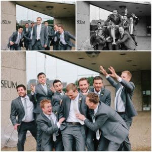 A group of silly images of a groom with his groomsmen friends before the wedding ceremony.