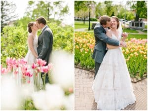 A dual image of a bride and groom standing in front of a patch of flowers as they hold each other and kiss.