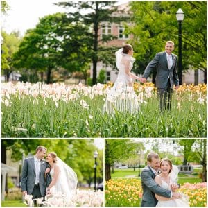 A set of images featuring a bride and groom walking through a patch of flowers while they hold hands and smile at each other.