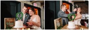 A dual image of a bride and groom cutting the cake and feeding it to each other.