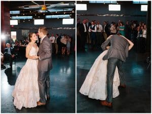 A bride and groom share their first dance together.