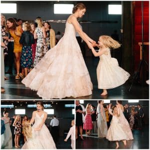 A group of images of a bride dancing with one of the younger girls in her wedding party.