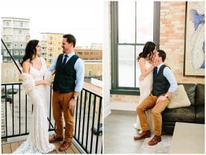 A dual image of a bride and groom posing for their wedding photos in Grand Grapids.