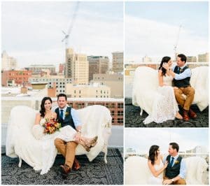 A series of pictures featuring a bride and groom posing on a vintage couch for their wedding photos.