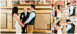 A series of pictures where a bride and groom laugh while sharing their vows.