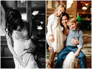 A bride posing with her children after the wedding ceremony.