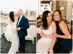 A dual image of a bride hugging members of her family after her wedding ceremony.