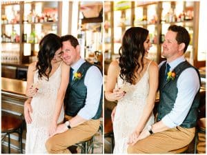 A dual image of a bride and groom sitting close and leaning into each other at a bar.