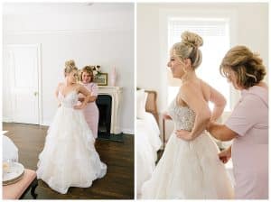 Dual image of a bride putting on her wedding dress with the help of her mother; both of them are smiling.