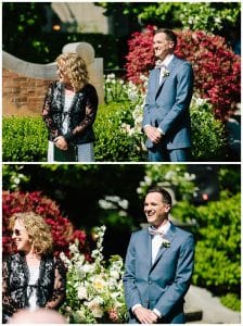 Dual image of a groom watching his bride walk down the aisle with a huge smile on his face.