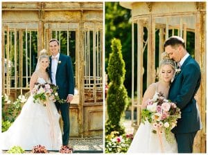 Dual image of a bride and groom standing under an old gazebo for their wedding photos.