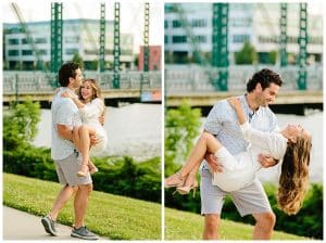 Dual image of a man holding his soon to be bride as he smiles down on her.