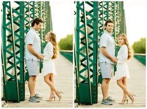 Dual image of a couple standing on the Blue Bride in Grand Rapids, Michigan. They stand near each other and look at each other lovingly for their engagement photos.