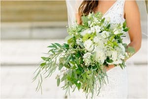 Wedding photo of a bride at the Grand Rapids Art Museum.