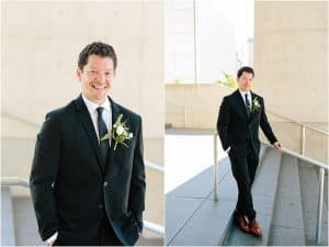 Wedding photo of a groom at the Grand Rapids Art Museum.