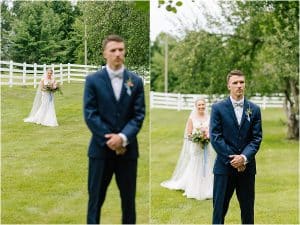 First look with Sarah and Parker in an orchard at Hydrangea Blu Barn in Rockford, Michigan.