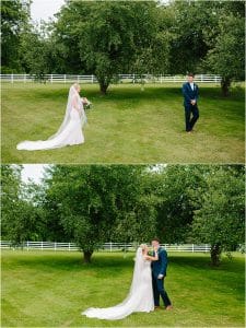 First look with Sarah and Parker in an orchard at Hydrangea Blu Barn in Rockford, Michigan.