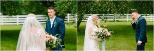 First look with Sarah and Parker in an orchard at Hydrangea Blu Barn in Rockford, Michigan.