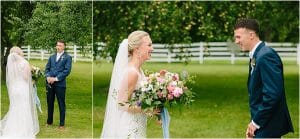 First look with Sarah and Parker in an orchard at Hydrangea Blu Barn in Rockford, Michigan.