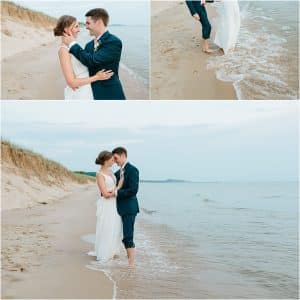 Bride and Groom sunset portraits on Lake Michigan photographed by Mae Photo Co.